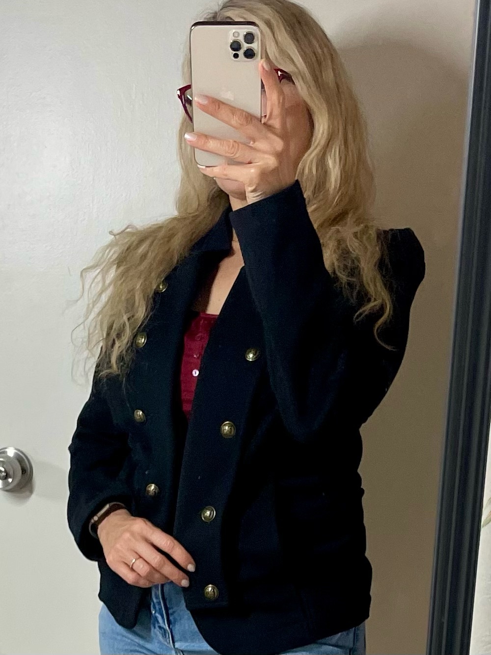Tommy Hilfiger Black Military Jacket Blazer Gold Crest Buttons Puff Sleeve Sz M